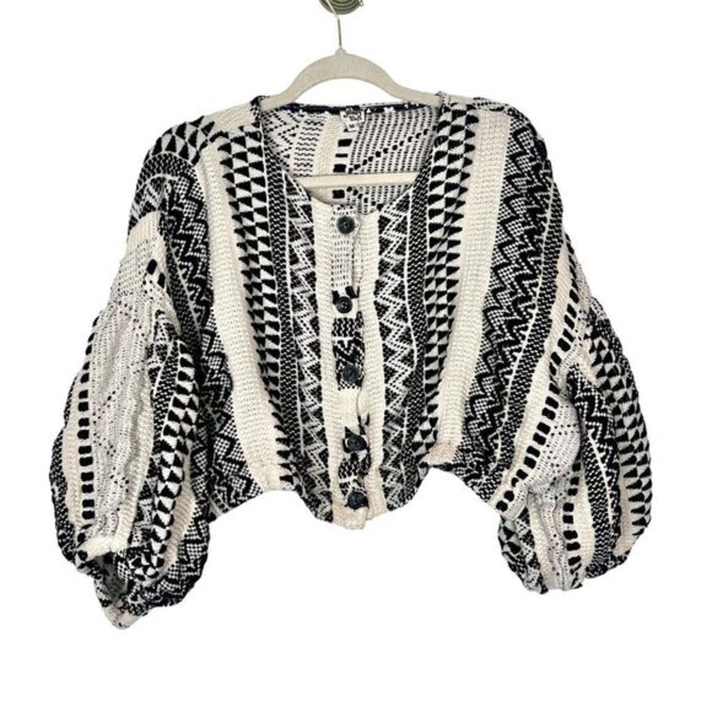 Ivy Jane Tribal Knit Aztec Button-Front Crop Cardigan Sweater Puff Sleeve Boxy